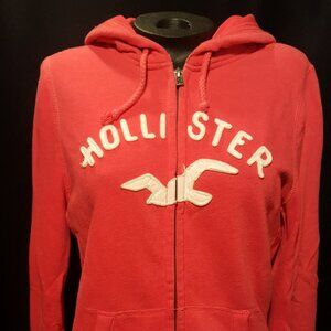 Hollister Early 2000s Bright Pink Zip Up Graphic Logo Hooded Sweatshirt